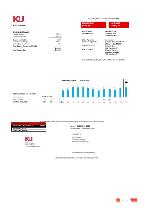 USA Kentucky electricity business utility bill template in Word and PDF format